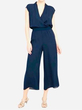 Theory Navy Silk Wide Leg Jumpsuit Womens S Draped Sleeveless